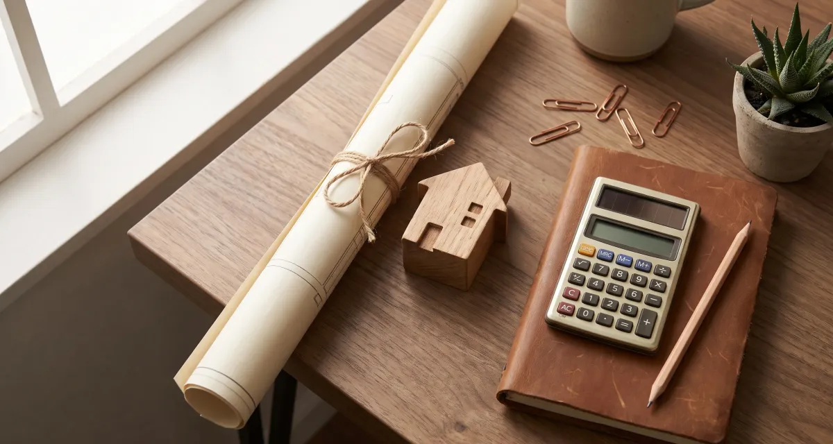 Plánování financování renovace domu, maketa domu a stavební podklady na stole