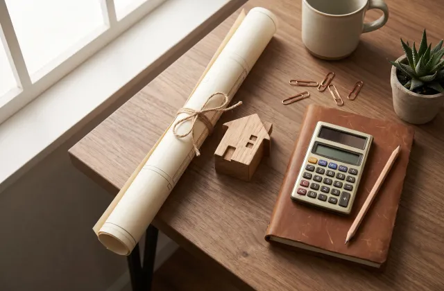 Plánování financování renovace domu, maketa domu a stavební podklady na stole