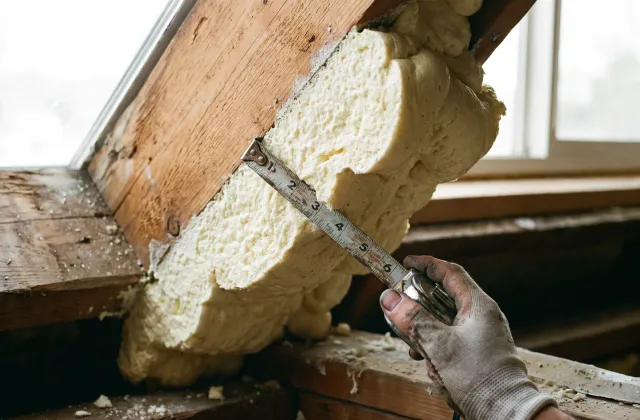 Detail měření tloušťky stříkané PUR pěny na krokvi metrem