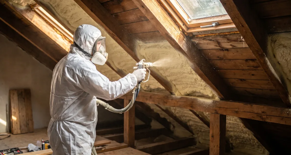 Technik v ochranném obleku a respirátoru nanáší stříkanou PUR pěnu na krokve